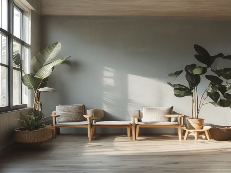 Minimalistisk kontorrom med arbeidsplasser